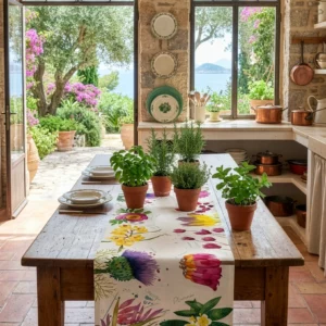 RUNNER IN PURO LINO NAPKING FLORA ROSA 50 X 150